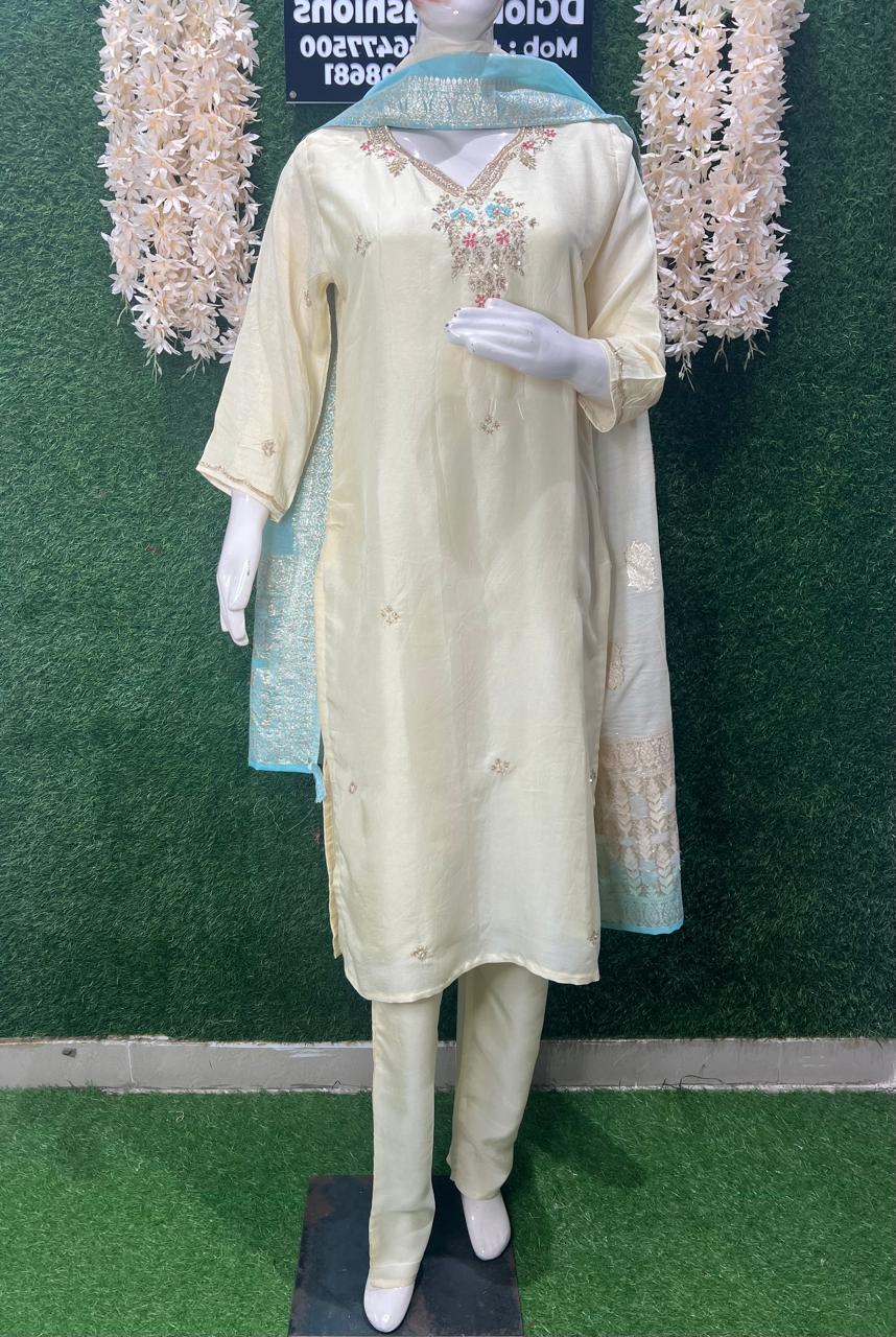 Silk Suit Set with Banarasi Dupatta & Kasab, Cutdana, Sequin, Pearl Work