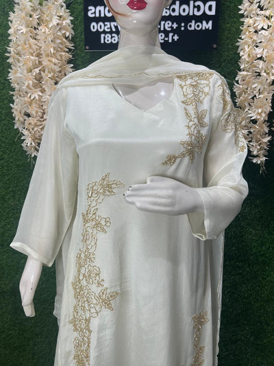 A‑Line Chinon Suit Set with Sequins, Pearls & Cutdana Embellishment