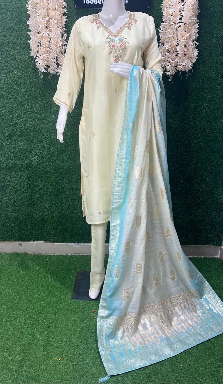 Silk Suit Set with Banarasi Dupatta & Kasab, Cutdana, Sequin, Pearl Work