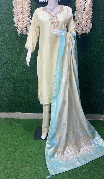 Silk Suit Set with Banarasi Dupatta & Kasab, Cutdana, Sequin, Pearl Work