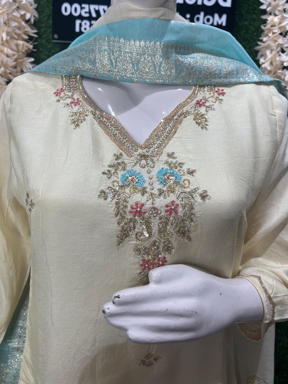 Silk Suit Set with Banarasi Dupatta & Kasab, Cutdana, Sequin, Pearl Work