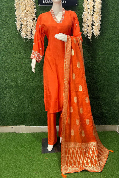Hand-Embroidered Silk Suit Set with Pearl, Sequin & Cutdana Work and Banarasi Dupatta