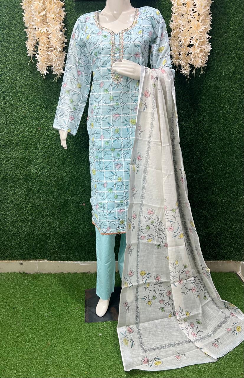 Cotton Suit Set with Neck Embroidery