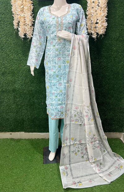 Cotton Suit Set with Neck Embroidery