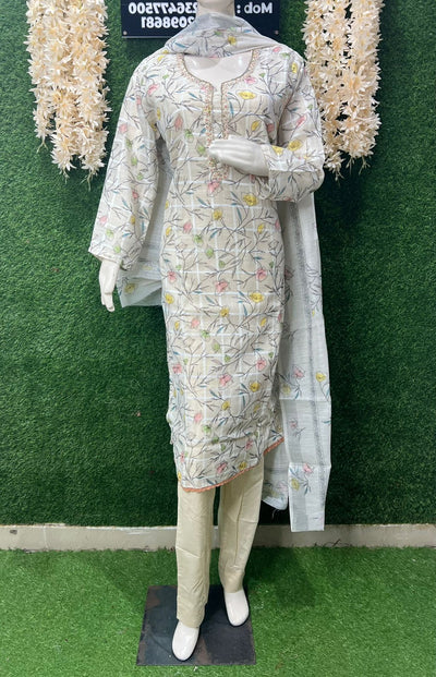 Cotton Suit Set with Neck Embroidery