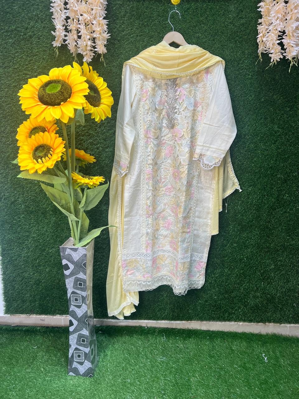 Cotton Silk Blend Kurta Suit Set with Palazzo & Dupatta