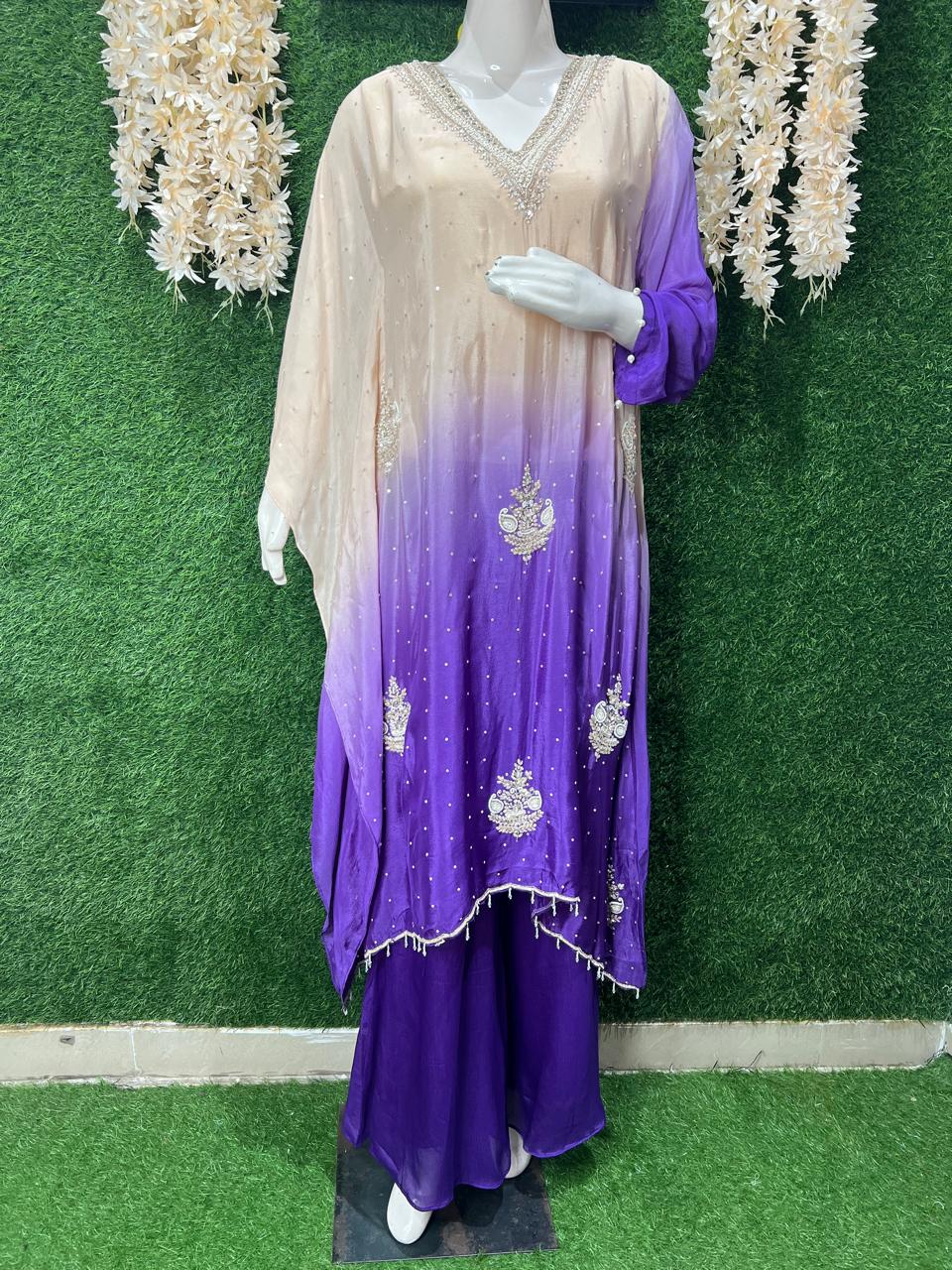 Chinon Fabric Kaftan with Cutdana, Pearl & Sequin Work