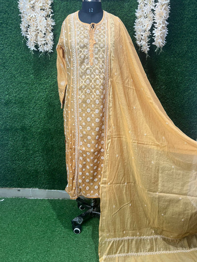 Lucknowi Chikankari A-Line Kurti Set with Elegant Brocade Detailing, Matching Dupatta & Pants