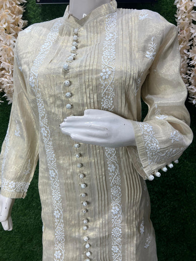 Lucknowi Chikankari Tissue Shimmer Sherwani-Style Kurti & Pant Set