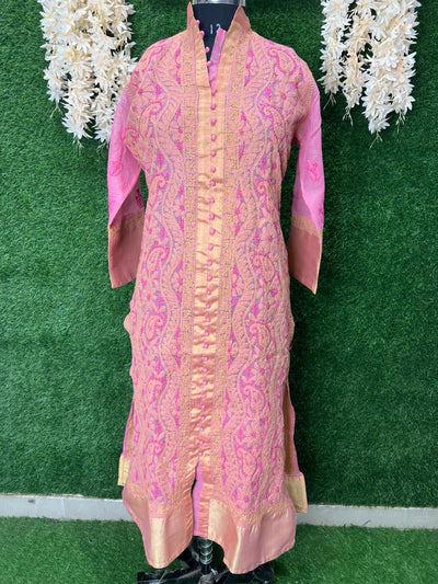 Lucknowi Chikankari Sherwani-Style Shadow Work Kurti in Kota Doriya with Zari Panel & Border