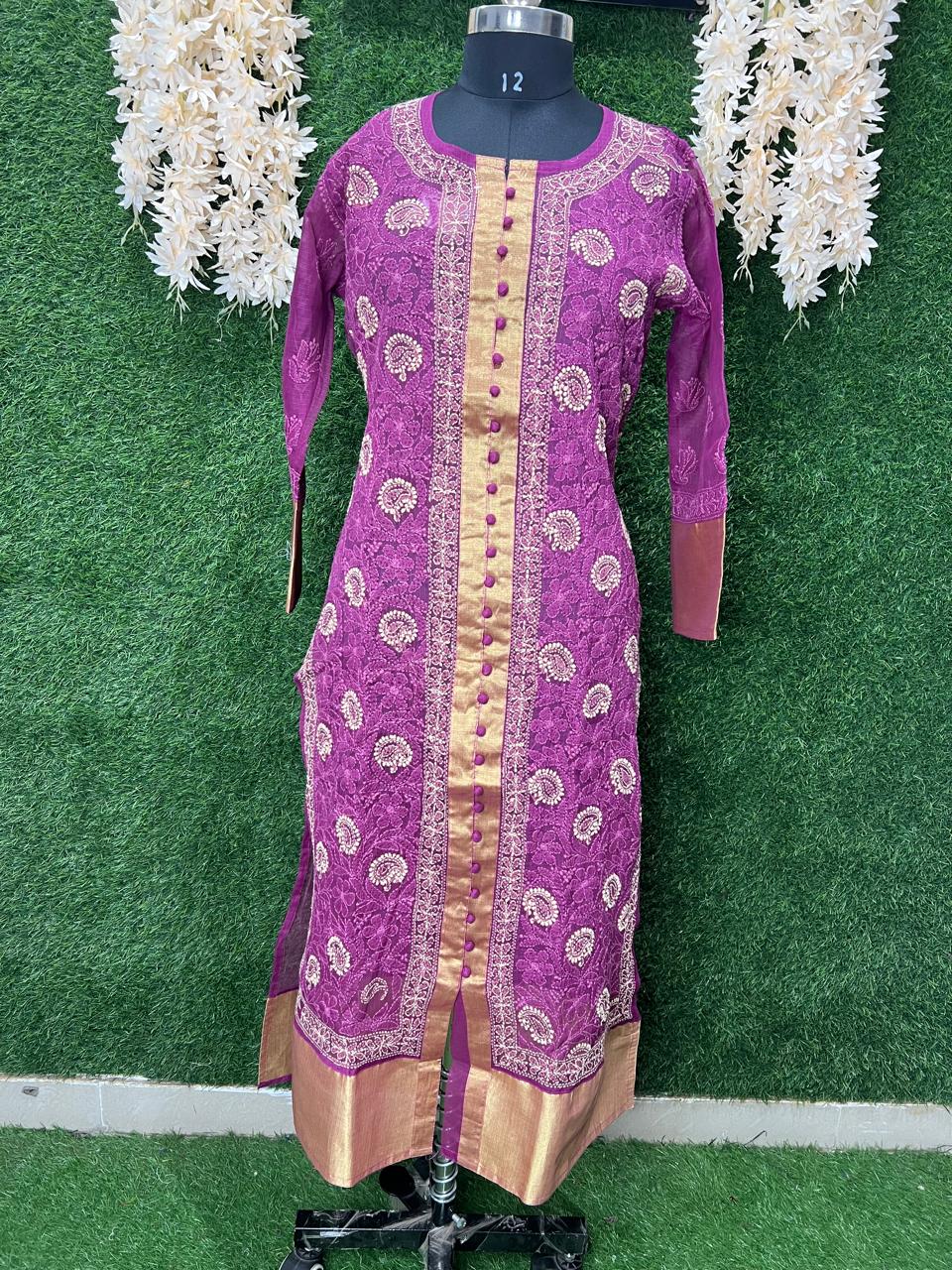 Lucknowi Chikankari Sherwani-Style Shadow Work Kurti in Kota Doriya with Zari Panel & Border