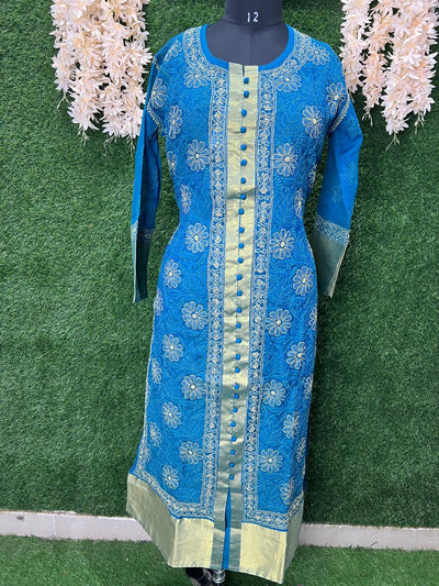 Lucknowi Chikankari Sherwani-Style Shadow Work Kurti in Kota Doriya with Zari Panel & Border