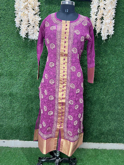 Lucknowi Chikankari Sherwani-Style Shadow Work Kurti in Kota Doriya with Zari Panel & Border