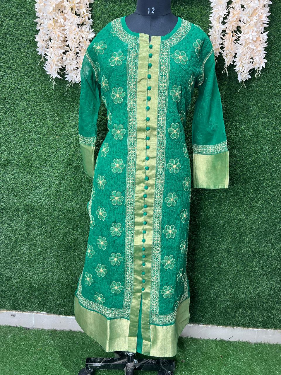 Lucknowi Chikankari Sherwani-Style Shadow Work Kurti in Kota Doriya with Zari Panel & Border