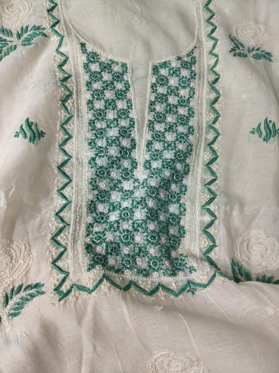 Lucknowi Chikankari Kurta & Dupatta Set in Mulmul Chanderi with Pearl & Cutdana Embroidery