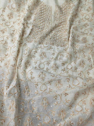 Mul Chanderi 2 Taar Lucknowi Chikankari full jaal Kurta with Dupatta Set