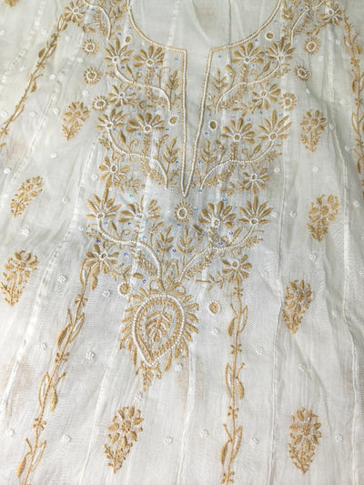 Unstitched Lucknowi Chikankari Mul Chanderi Anarkali with Sequin Handwork