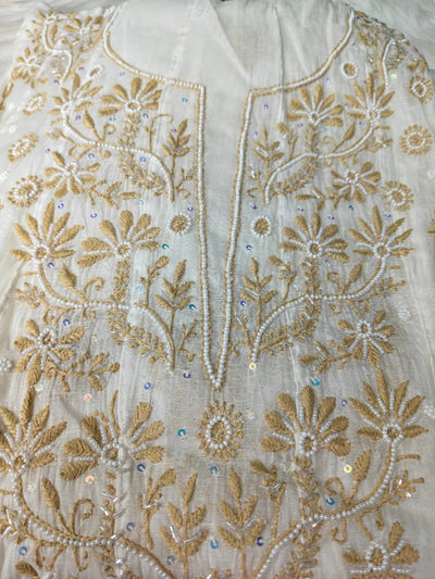 Unstitched Lucknowi Chikankari Mul Chanderi Anarkali with Sequin Handwork