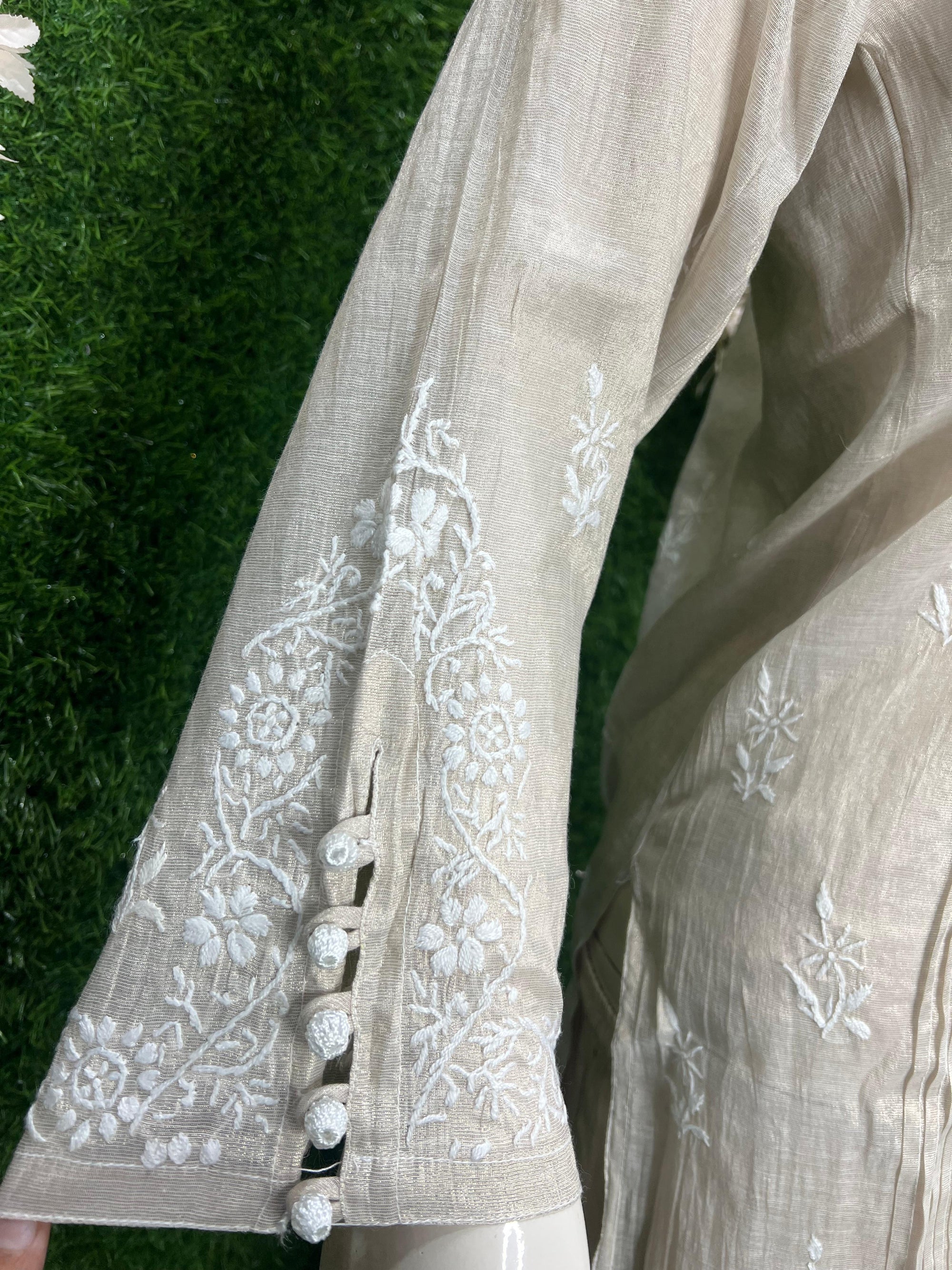 Lucknowi Chikankari Tissue Shimmer Sherwani-Style Kurti & Pant Set