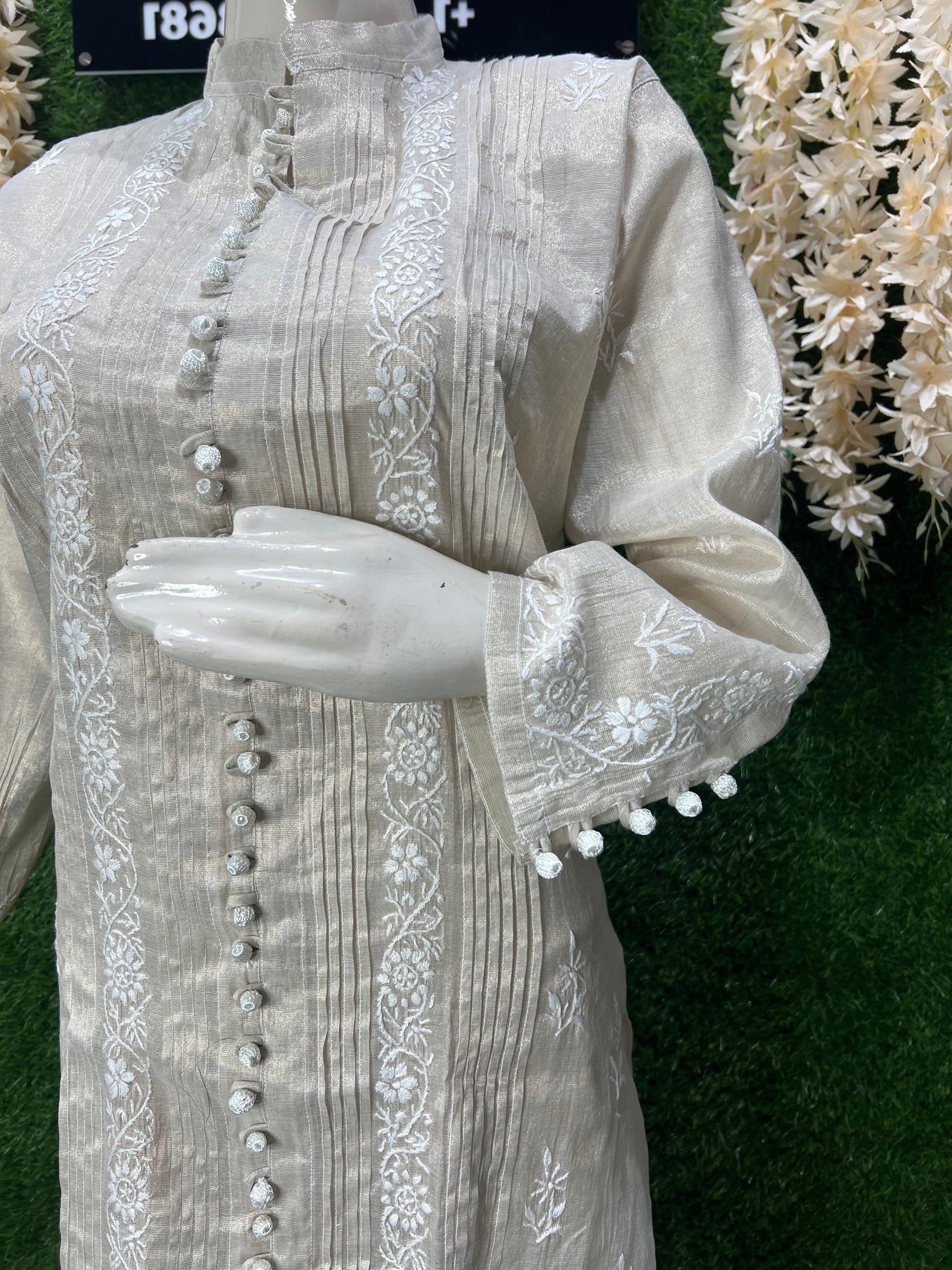 Lucknowi Chikankari Tissue Shimmer Sherwani-Style Kurti & Pant Set