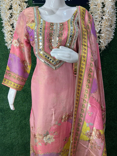Tissue Shimmer Suit Set with Real Mirror Neckline & Lace-Trimmed Dupatta