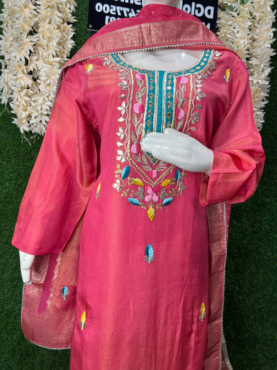 Tissue Shimmer Suit Set with Gota Patti, Real Mirror Work & Banarasi Dupatta