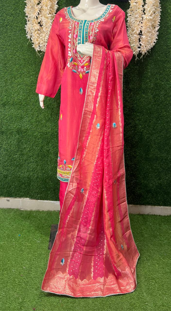 Tissue Shimmer Suit Set with Gota Patti, Real Mirror Work & Banarasi Dupatta