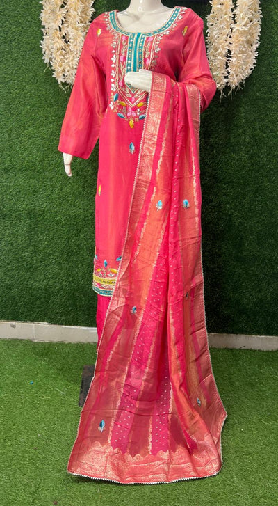 Tissue Shimmer Suit Set with Gota Patti, Real Mirror Work & Banarasi Dupatta