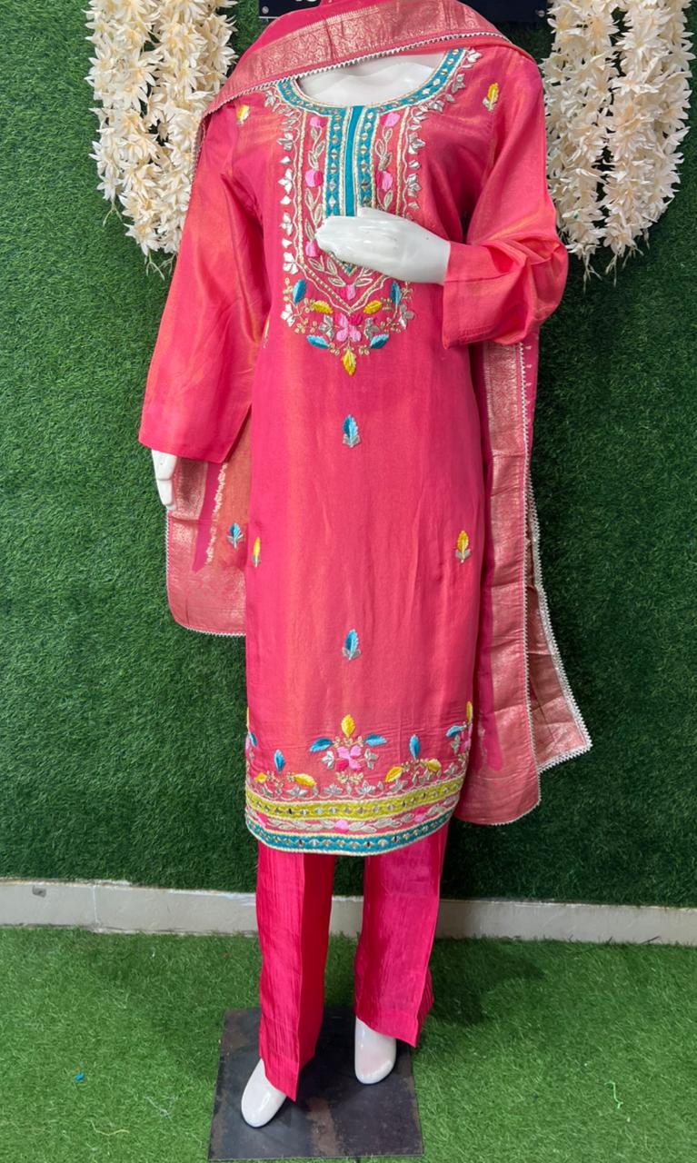 Tissue Shimmer Suit Set with Gota Patti, Real Mirror Work & Banarasi Dupatta