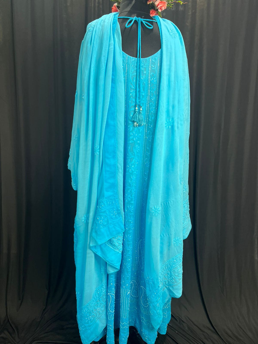 Lucknowi Chikankari Georgette Anarkali Suit with Cutdana & All-Over Pearl Handwork