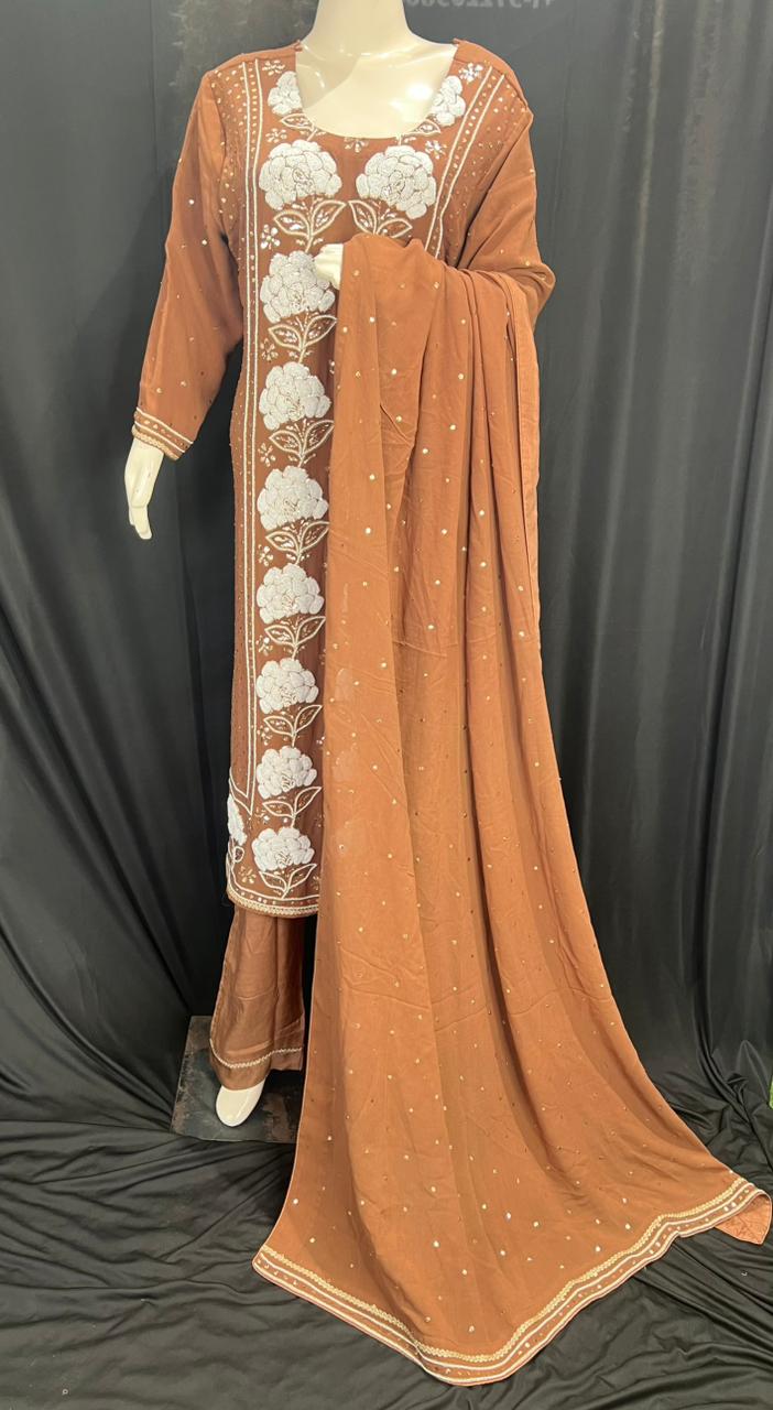 Lucknowi Chikankari Georgette Kurta & Dupatta with Mukaish (Badla) & Pearl Handwork