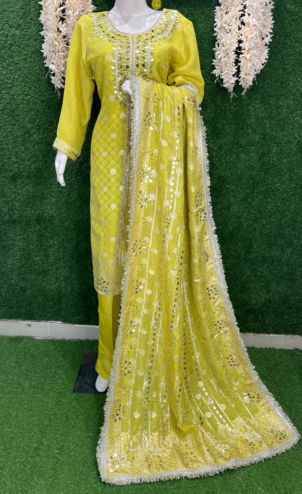 Banarasi Suit with Real Mirror & Gota Patti Handwork and Floral Banarasi Dupatta