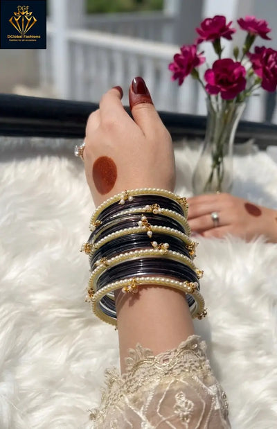 Colorful Jelly Glass Bangles Set with Pearl Bangles