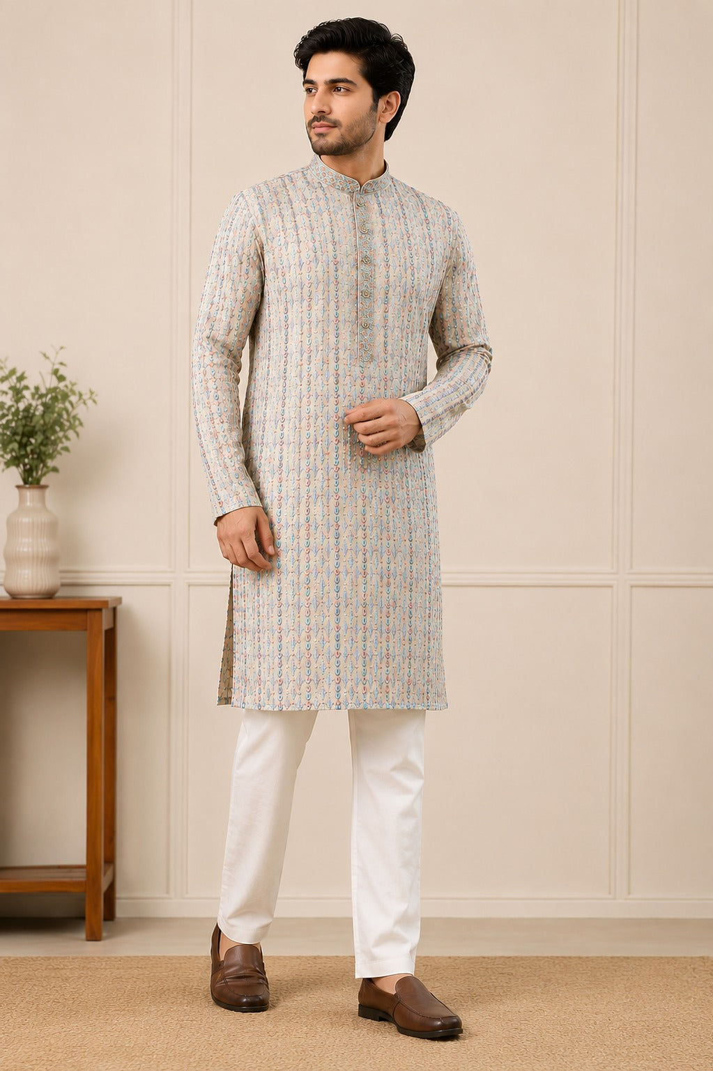 Multi-Color Sequin & Thread Embroidery Kurta with White Pajama ✨