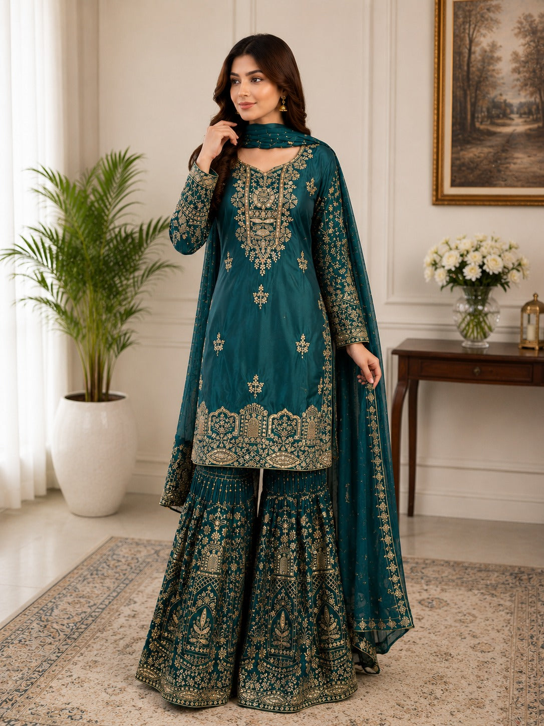 Crepe Sharara Suit Set with Heavy All-Over Zardozi Embroidery
