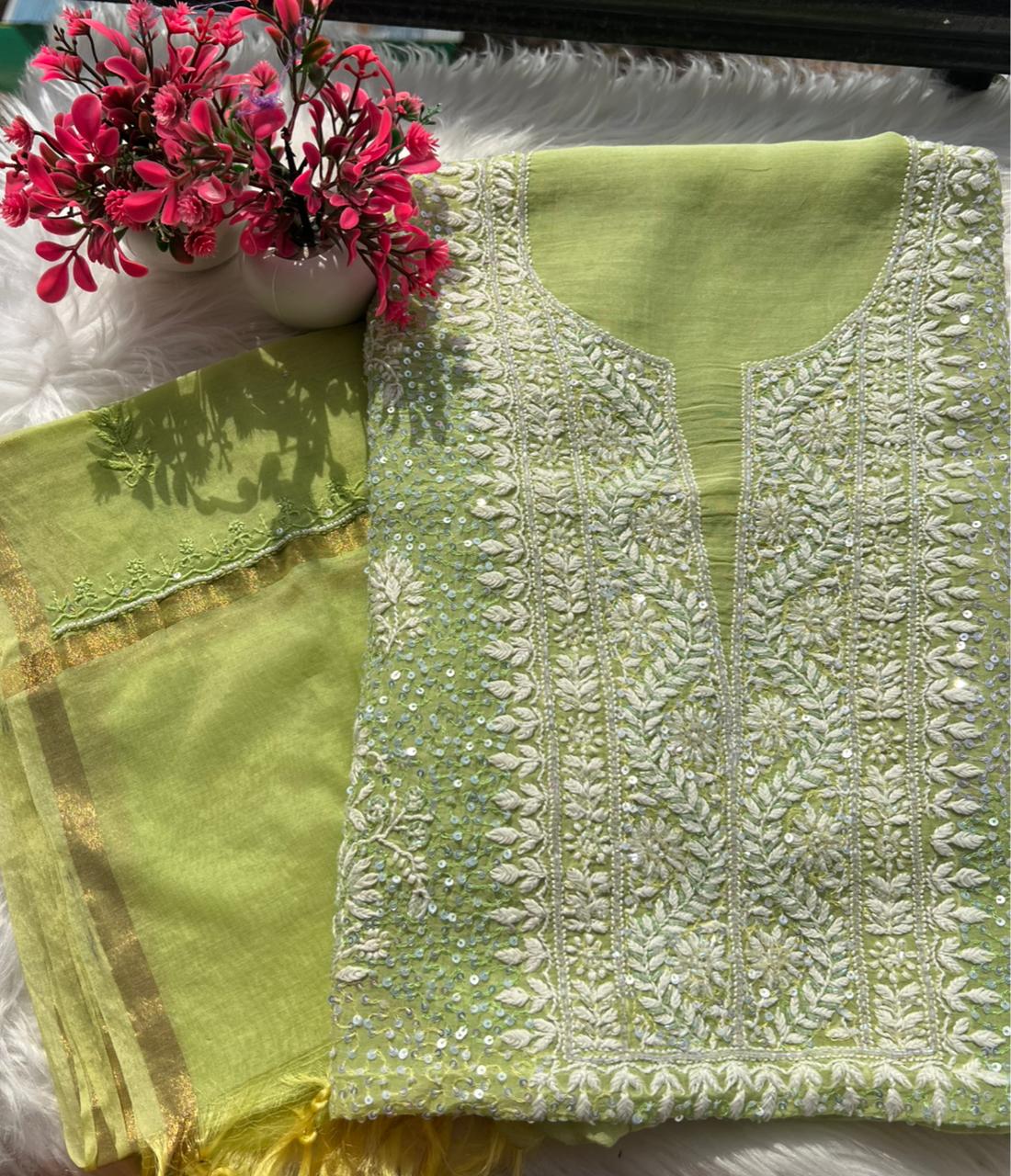 Lucknowi Chikankari Kurta Dupatta Set in Mul Chanderi – All-Over Sequin Handwork (Unstitched)
