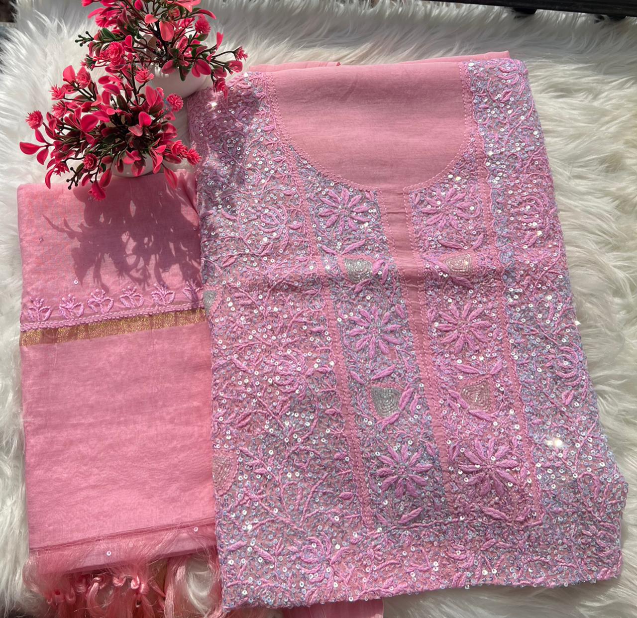 Lucknowi Chikankari Kurta Dupatta Set in Mul Chanderi – All-Over Sequin Handwork (Unstitched)