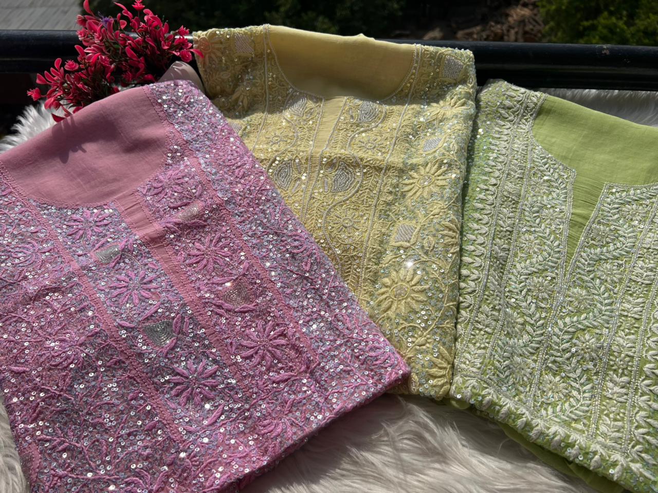 Lucknowi Chikankari Kurta Dupatta Set in Mul Chanderi – All-Over Sequin Handwork (Unstitched)