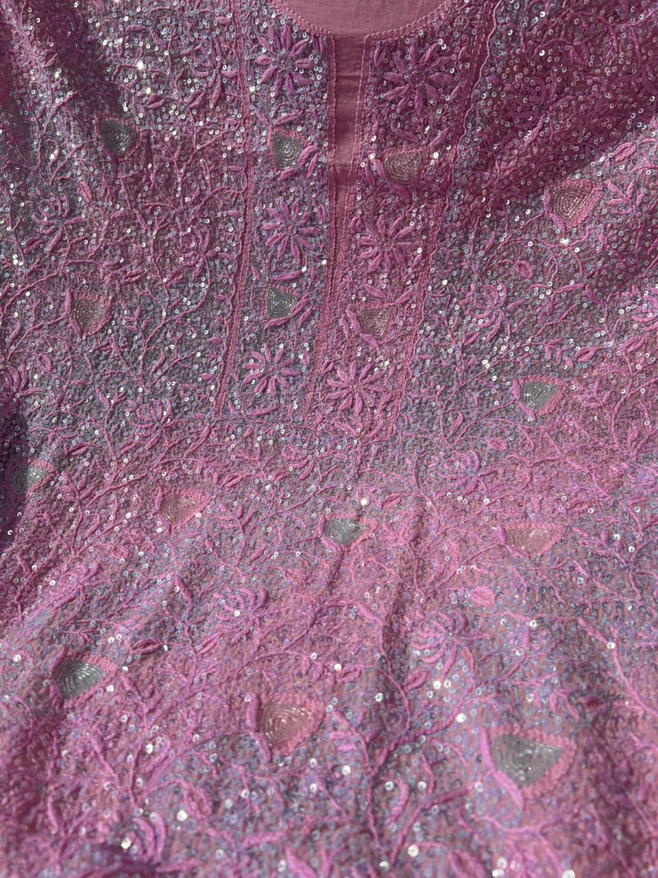 Lucknowi Chikankari Kurta Dupatta Set in Mul Chanderi – All-Over Sequin Handwork (Unstitched)