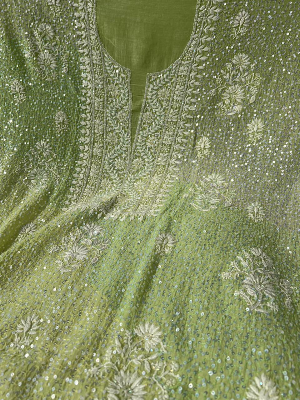 Lucknowi Chikankari Kurta Dupatta Set in Mul Chanderi – All-Over Sequin Handwork (Unstitched)