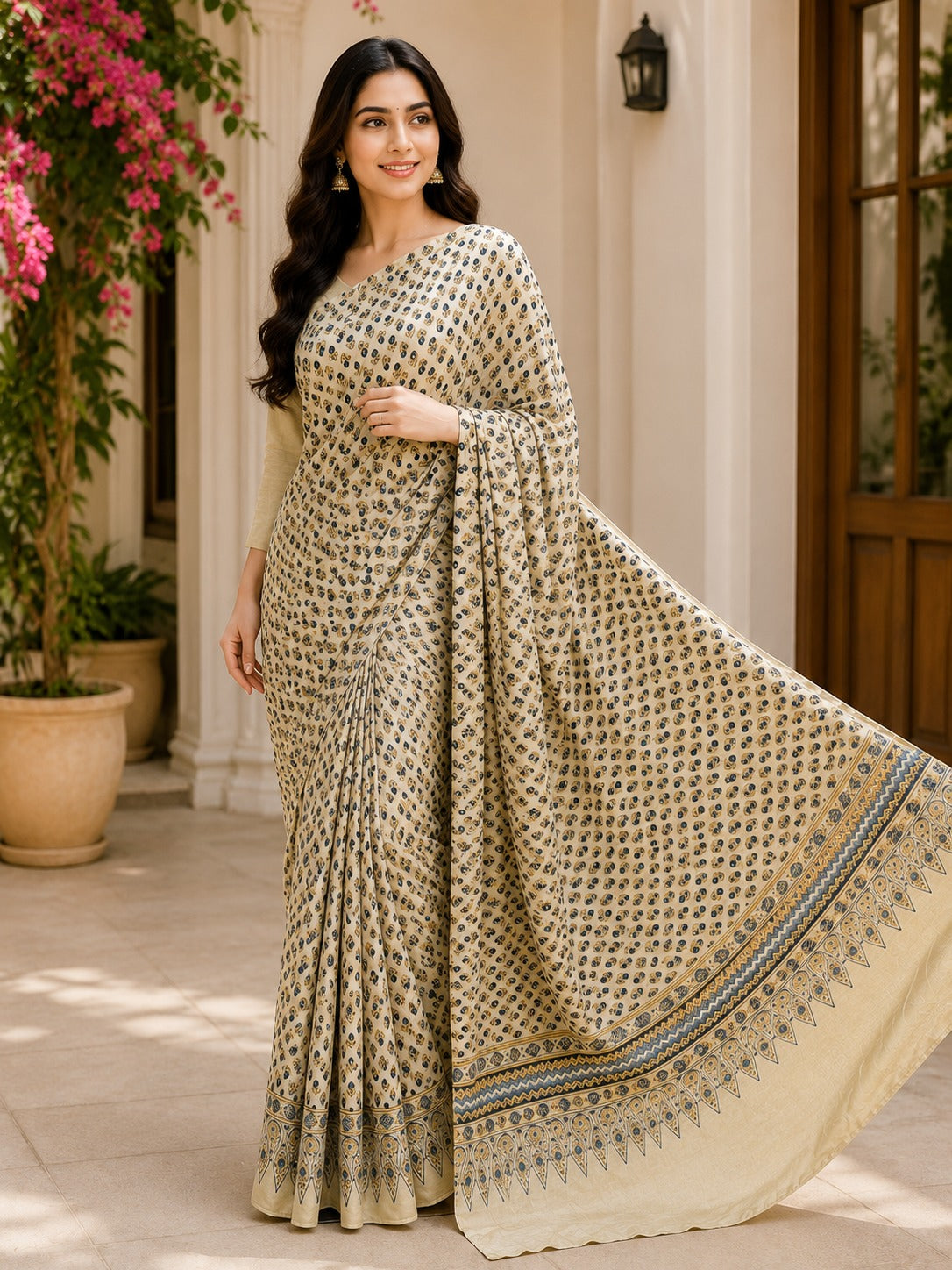 Premium Modal Silk Ajrakh Hand Block Printed Saree