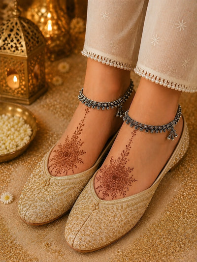 Silver Floral Ghungroo Payal for Women