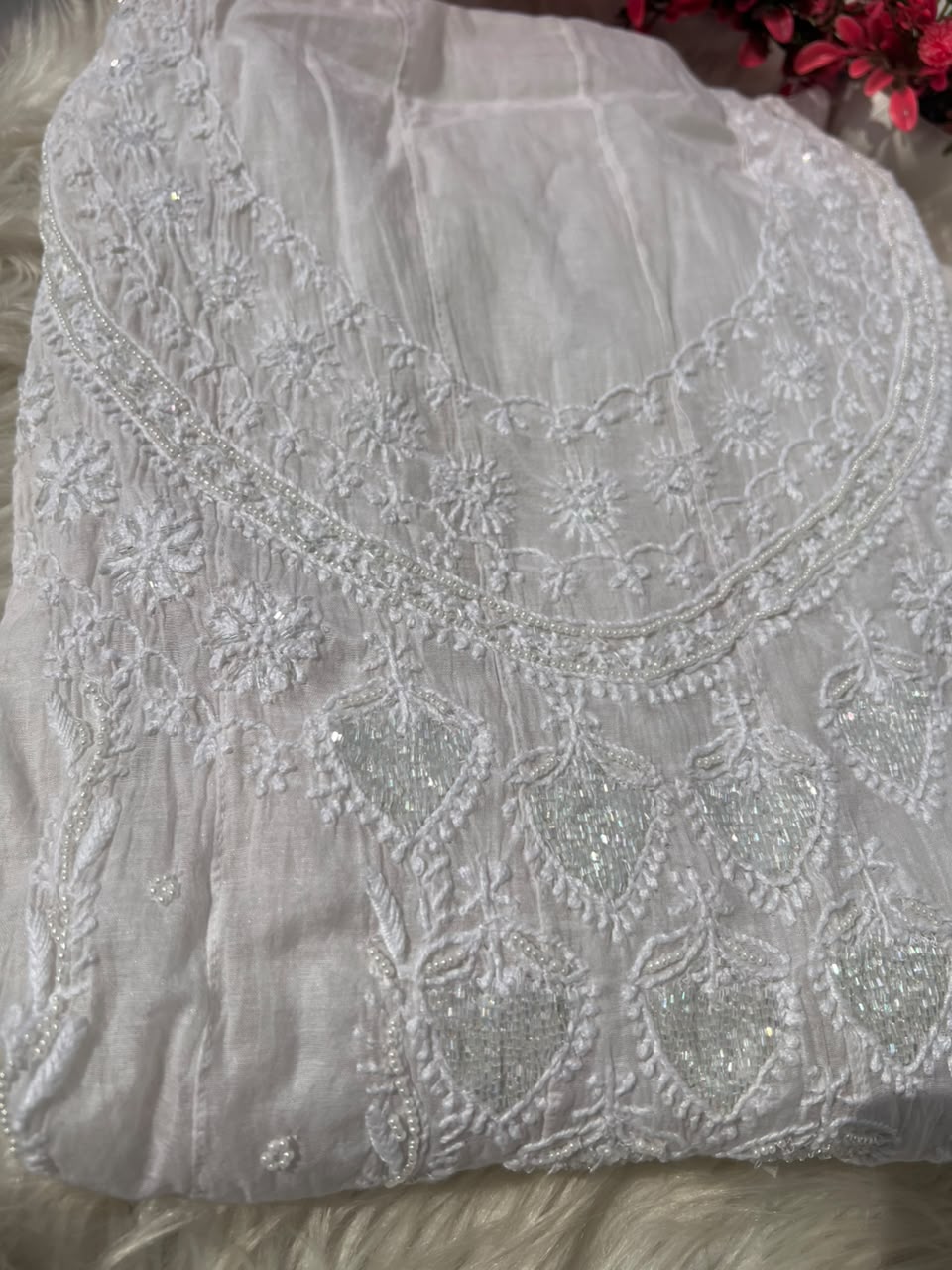 Lucknowi Chikankari Unstitched Mul Anarkali Suit with Heavy Moti Work | Front & Back Embroidery