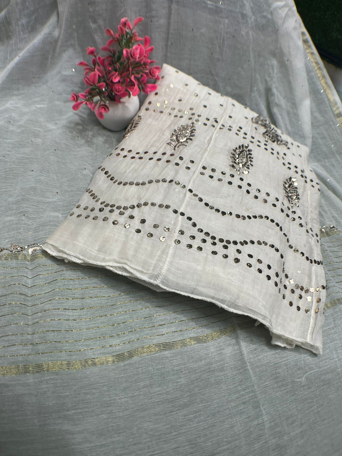 Lucknowi Chikankari Mul Chanderi Mukaish Unstitched Anarkali Suit with Dupatta