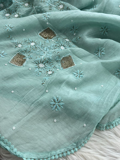 Lucknowi Chikankari Kaftan with Cutdana & Pearl Hand Embroidery – Mul Chanderi (Unstitched)