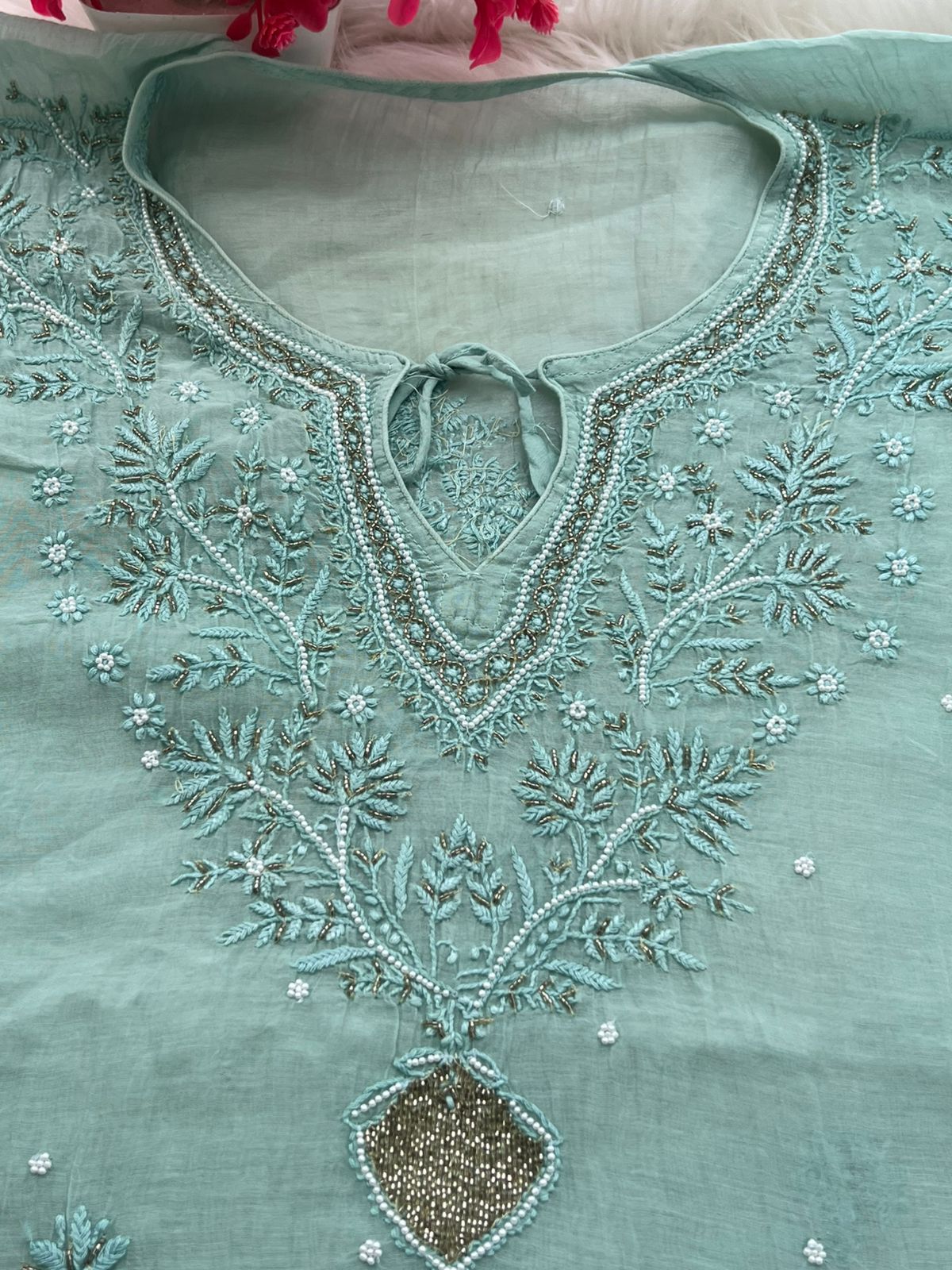 Lucknowi Chikankari Kaftan with Cutdana & Pearl Hand Embroidery – Mul Chanderi (Unstitched)