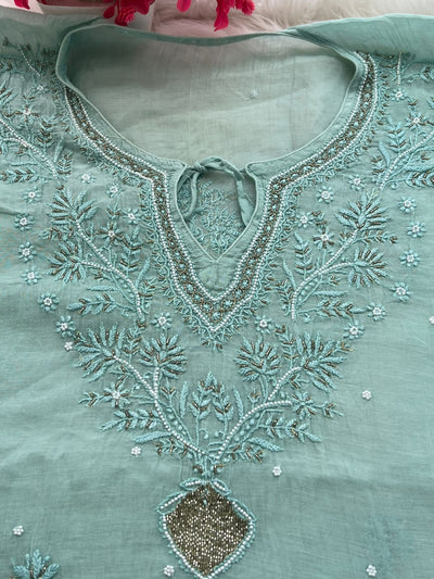 Lucknowi Chikankari Kaftan with Cutdana & Pearl Hand Embroidery – Mul Chanderi (Unstitched)
