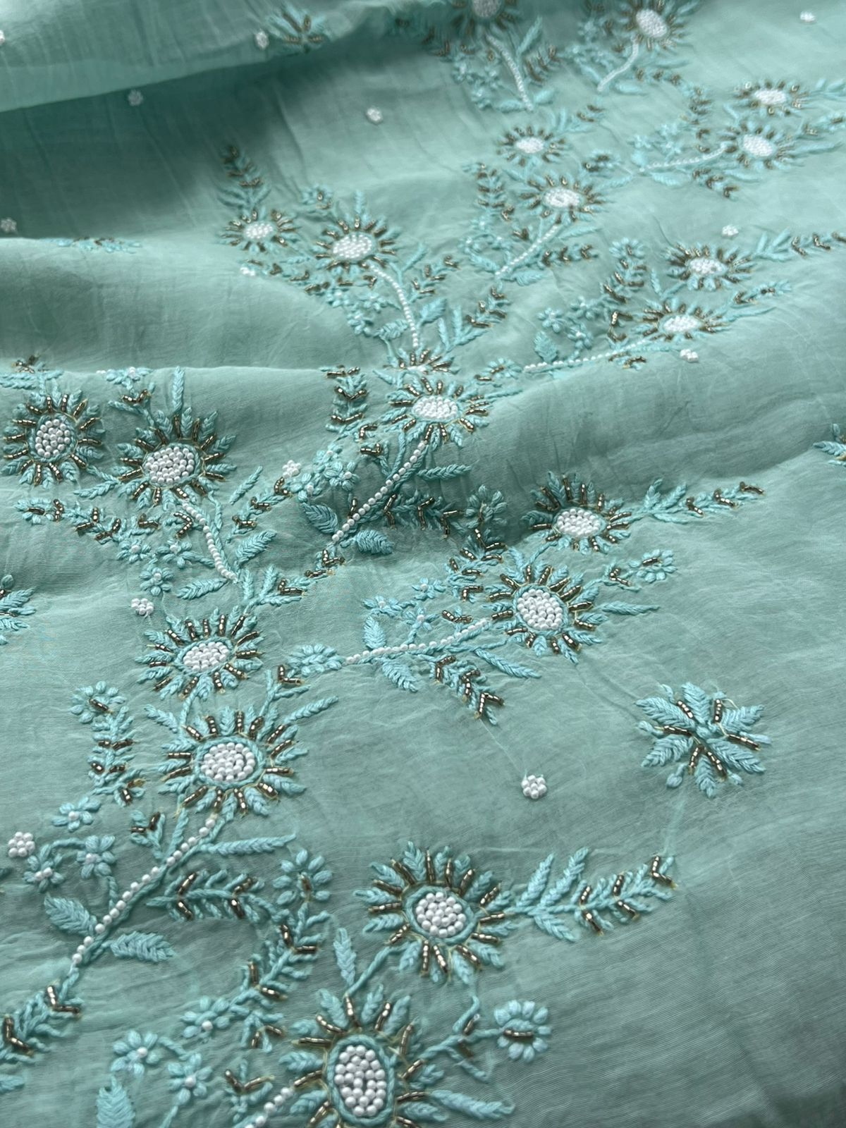 Lucknowi Chikankari Kaftan with Cutdana & Pearl Hand Embroidery – Mul Chanderi (Unstitched)