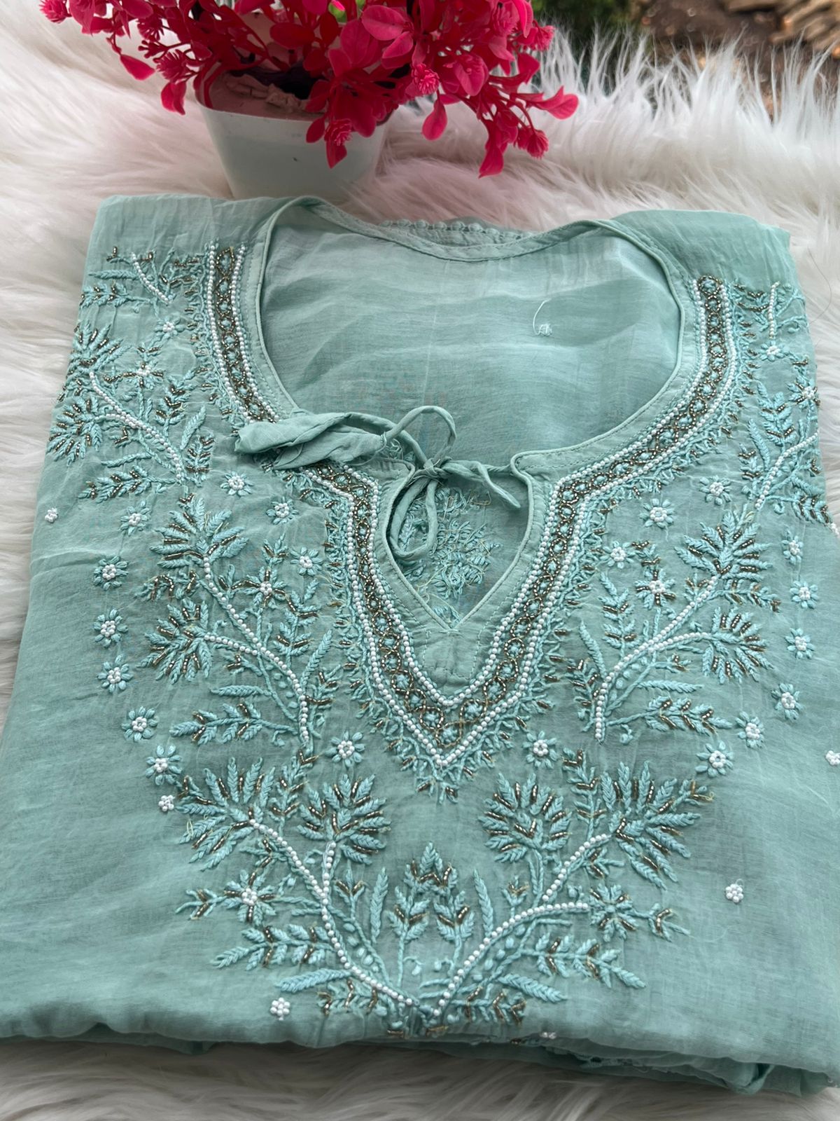 Lucknowi Chikankari Kaftan with Cutdana & Pearl Hand Embroidery – Mul Chanderi (Unstitched)