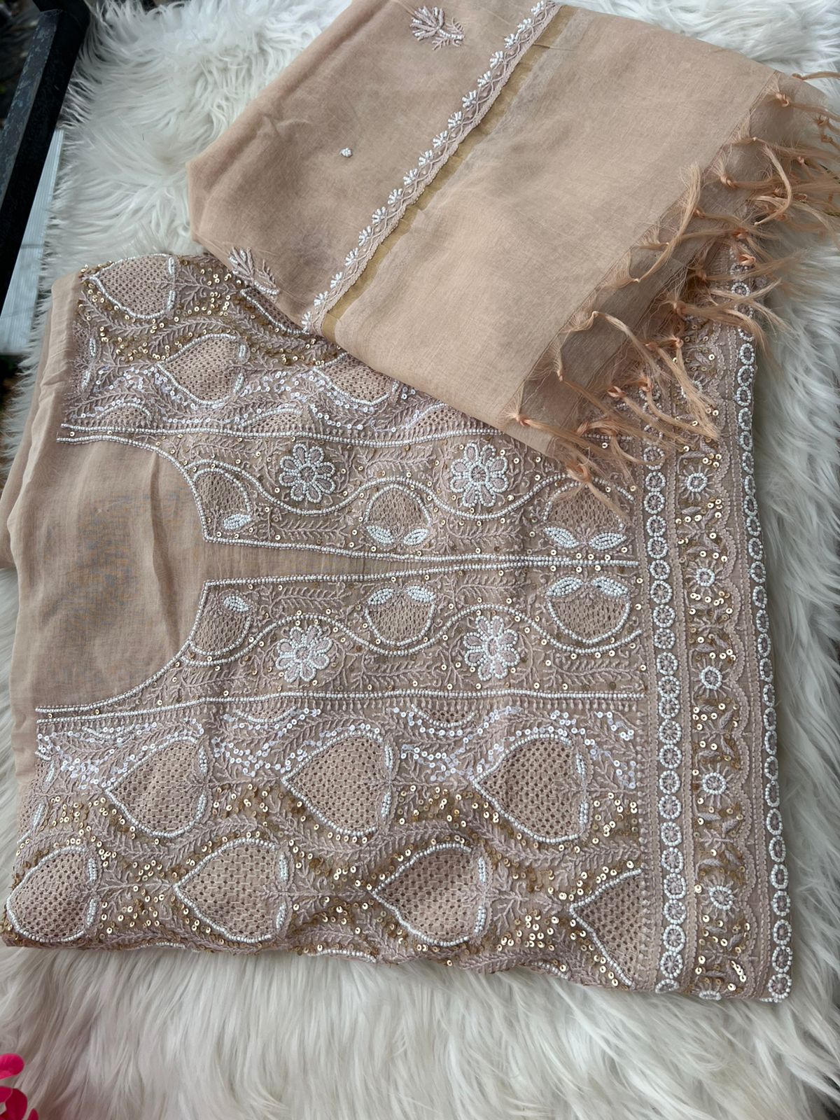 Mul Chanderi Lucknowi Chikankari Unstitched Suit with Hand Jaali & Sequin Work